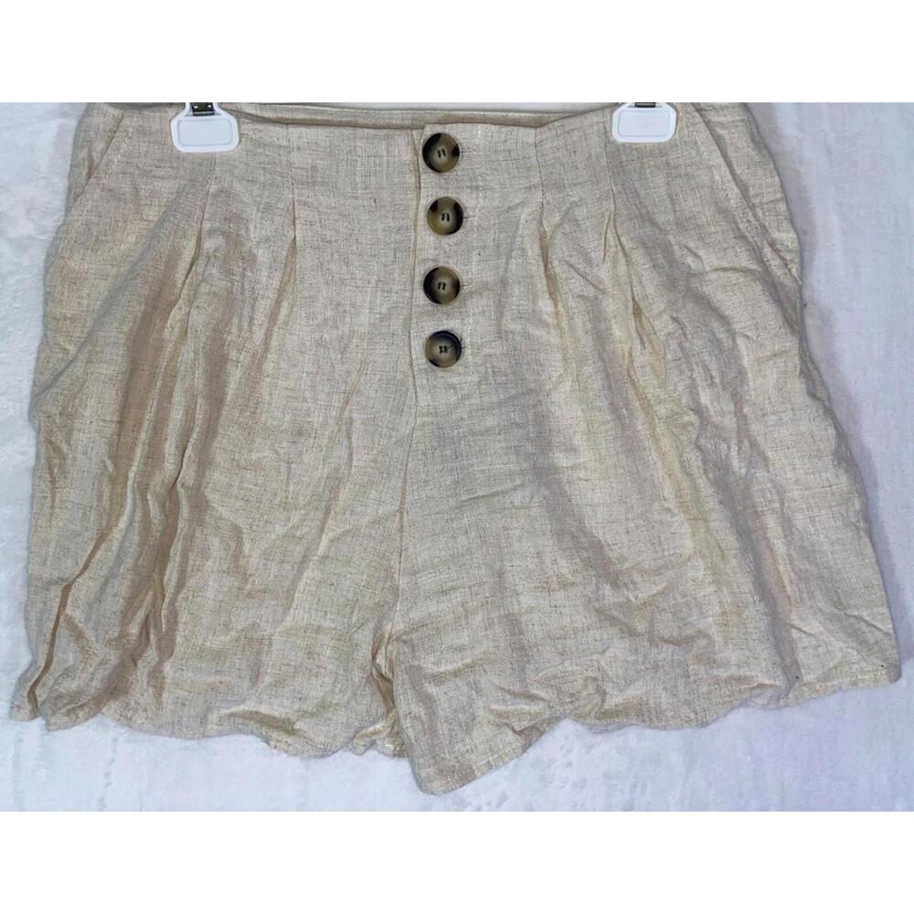 Women's GLAM Green Pleated Button Down Linen Rayon Blend Shorts Size Large Tan